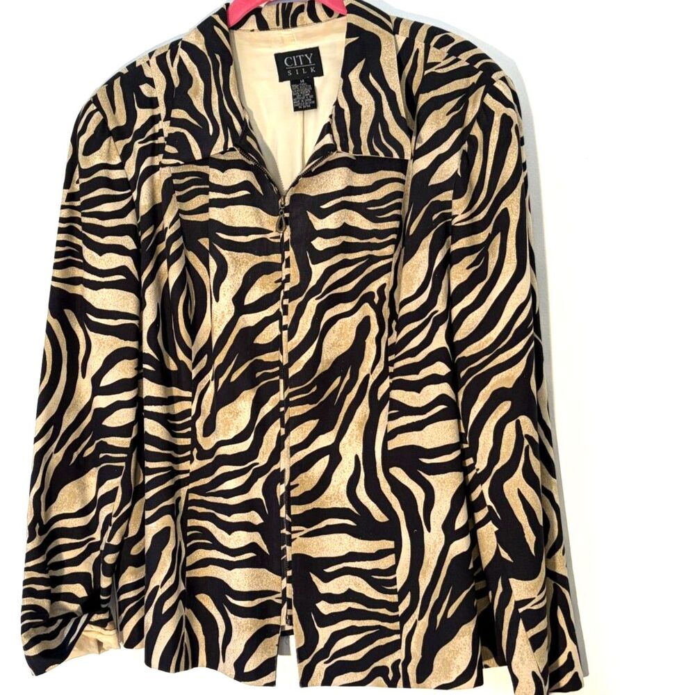 City Silk Tiger Stripe Animal Zip front jacket Womens size 14 Excellent